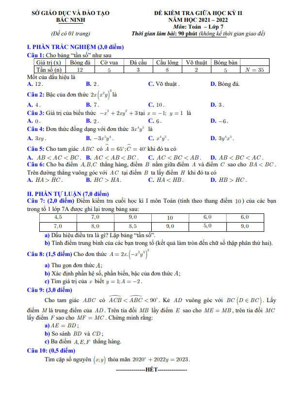 Đề kiểm tra giữa học kỳ 2 Toán 7 năm 2021 – 2022 sở GD&ĐT Bắc Ninh
