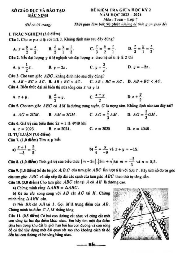 Đề kiểm tra giữa học kỳ 2 Toán 7 năm 2023 – 2024 sở GD&ĐT Bắc Ninh
