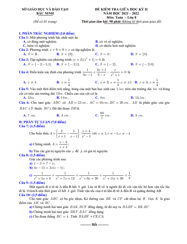 Đề kiểm tra giữa học kỳ 2 Toán 8 năm 2021 – 2022 sở GD&ĐT Bắc Ninh
