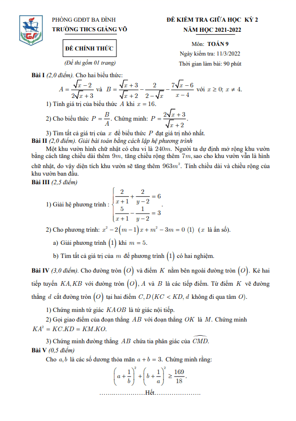 Đề kiểm tra giữa học kỳ 2 Toán 9 năm 2021 – 2022 trường THCS Giảng Võ – Hà Nội