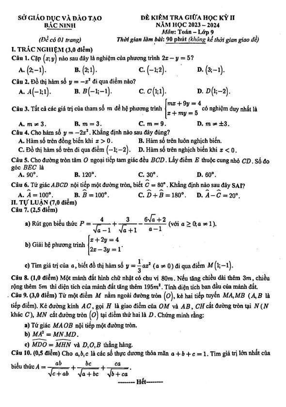 Đề kiểm tra giữa học kỳ 2 Toán 9 năm 2023 – 2024 sở GD&ĐT Bắc Ninh