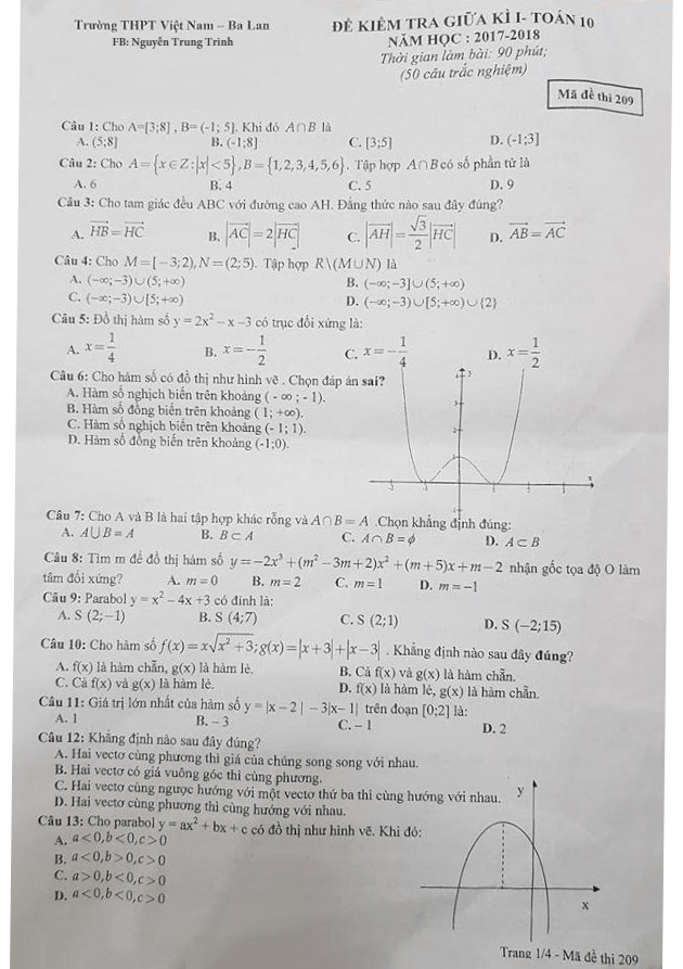 Đề kiểm tra giữa học kỳ I môn Toán 10 năm học 2017 – 2018 trường THPT Việt Nam – Ba Lan – Hà Nội