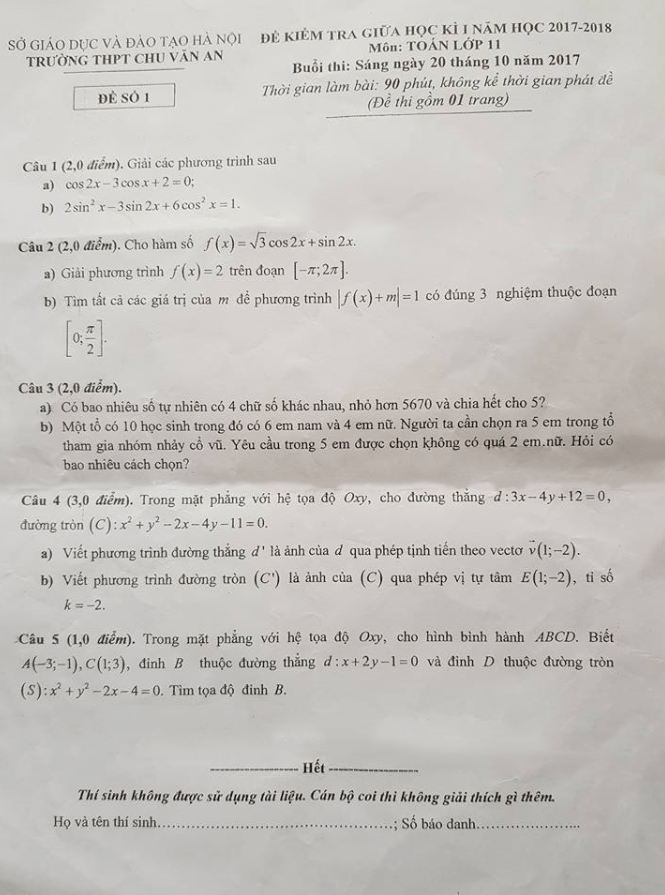 Đề kiểm tra giữa học kỳ I năm học 2017 – 2018 môn Toán 11 trường THPT Chu Văn An – Hà Nội