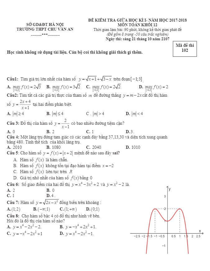 Đề kiểm tra giữa học kỳ I năm học 2017 – 2018 môn Toán 12 trường THPT Chu Văn An – Hà Nội