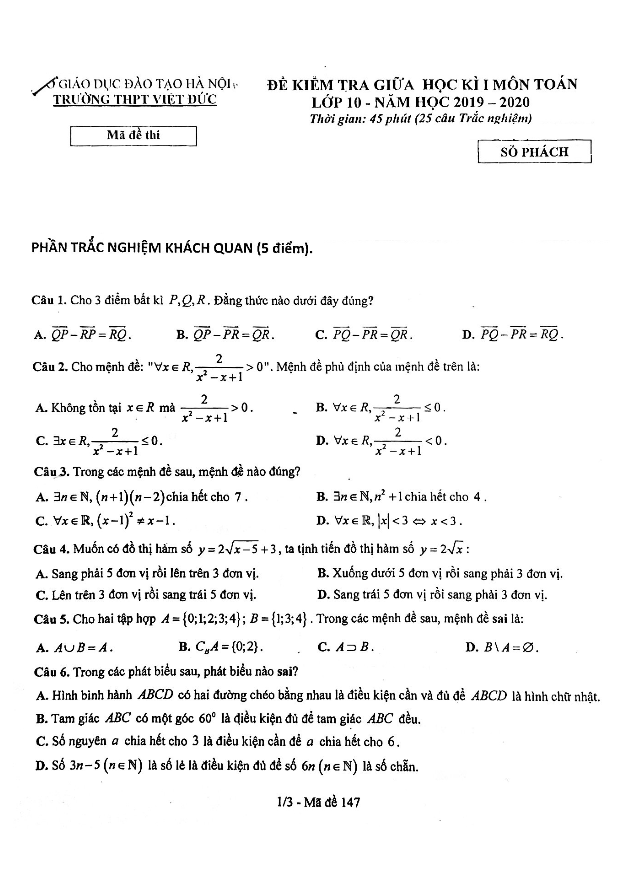 Đề kiểm tra giữa kì 1 Toán 10 năm 2019 – 2020 trường THPT Việt Đức – Hà Nội