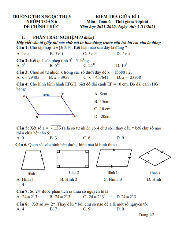 Đề kiểm tra giữa kì 1 Toán 6 năm 2021 – 2022 trường THCS Ngọc Thụy – Hà Nội