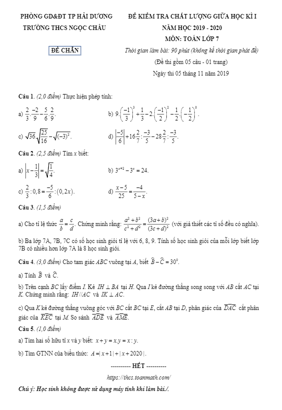 Đề kiểm tra giữa kì 1 Toán 7 năm 2019 – 2020 trường Ngọc Châu – Hải Dương