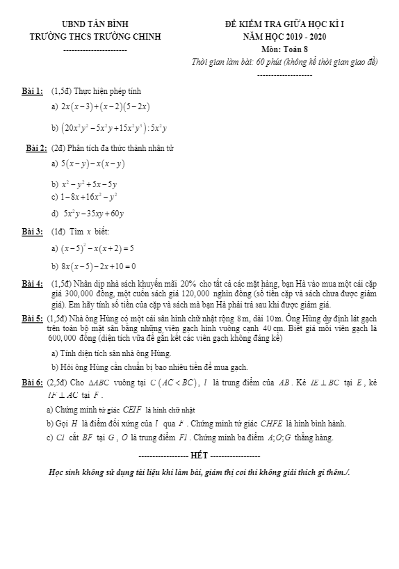 Đề kiểm tra giữa kì 1 Toán 8 năm 2019 – 2020 trường Trường Chinh – TP HCM