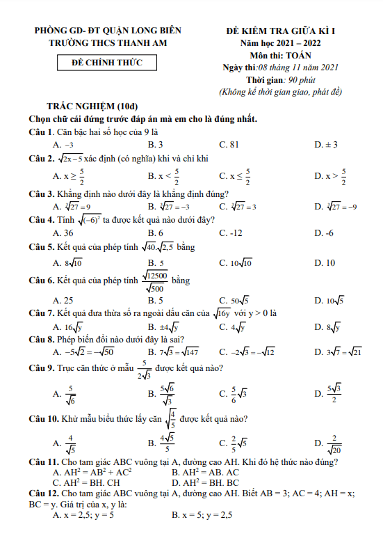 Đề kiểm tra giữa kì 1 Toán 9 năm 2021 – 2022 trường THCS Thanh Am – Hà Nội