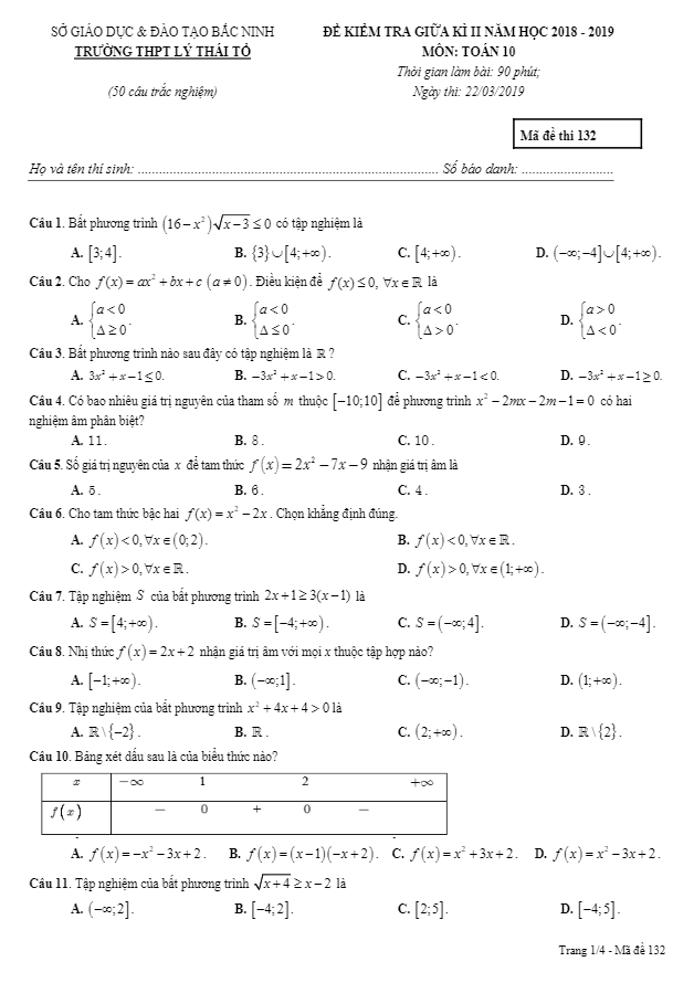 Đề kiểm tra giữa kì 2 Toán 10 năm 2018 – 2019 trường Lý Thái Tổ – Bắc Ninh