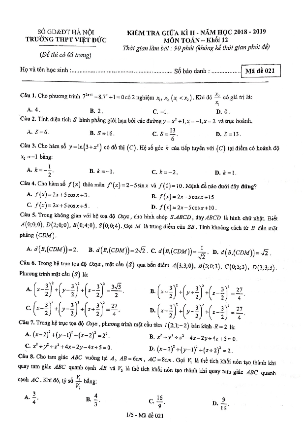 Đề kiểm tra giữa kì 2 Toán 12 năm 2018 – 2019 trường Việt Đức – Hà Nội