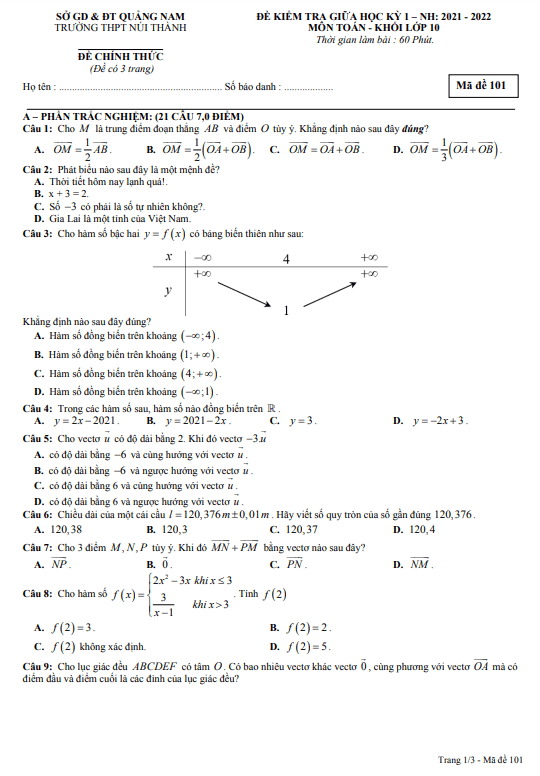 Đề kiểm tra giữa kỳ 1 Toán 10 năm 2021 – 2022 trường THPT Núi Thành – Quảng Nam
