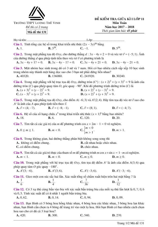Đề kiểm tra giữa kỳ 1 Toán 11 năm học 2017 – 2018 trường THPT Lương Thế Vinh – Hà Nội
