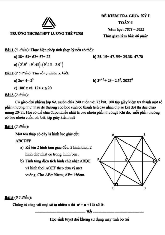 Đề kiểm tra giữa kỳ 1 Toán 6 năm 2021 – 2022 trường Lương Thế Vinh – Hà Nội