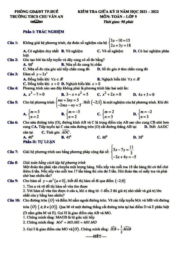 Đề kiểm tra giữa kỳ 2 Toán 9 năm 2021 – 2022 trường THCS Chu Văn An – TT Huế