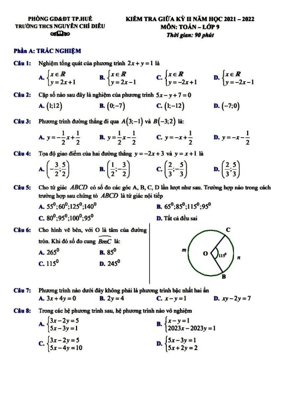 Đề kiểm tra giữa kỳ 2 Toán 9 năm 2021 – 2022 trường THCS Nguyễn Chí Diểu – TT Huế