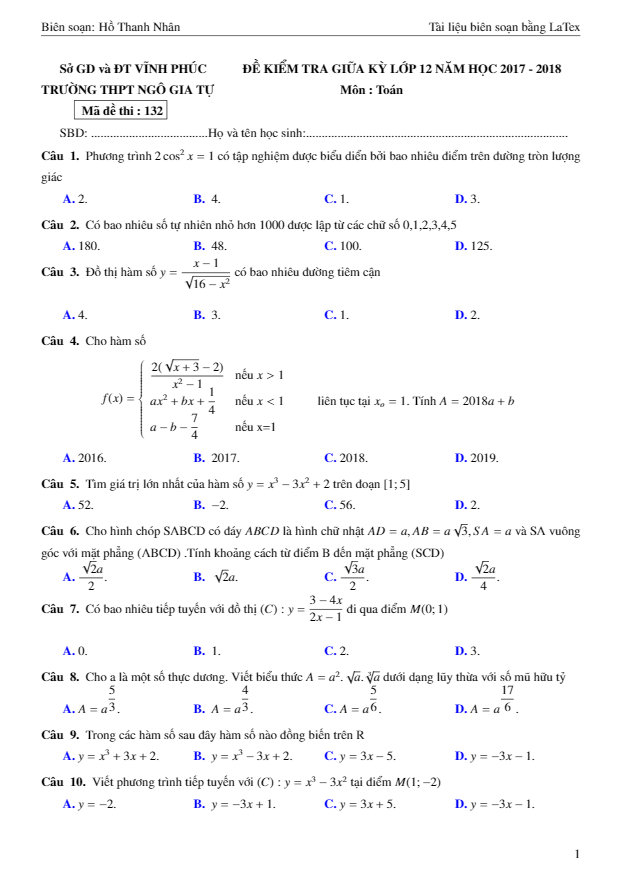 Đề kiểm tra giữa kỳ Toán 12 năm học 2017 – 2018 trường THPT Ngô Gia Tự – Vĩnh Phúc