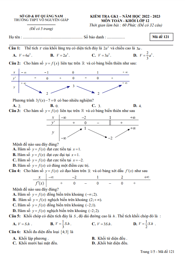 Đề kiểm tra GK1 Toán 12 năm 2022 – 2023 trường THPT Võ Nguyên Giáp – Quảng Nam