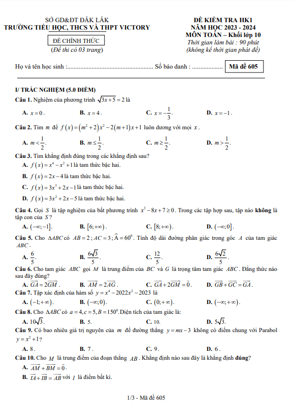 Đề kiểm tra HK1 Toán 10 năm 2023 – 2024 trường Victory – Đắk Lắk
