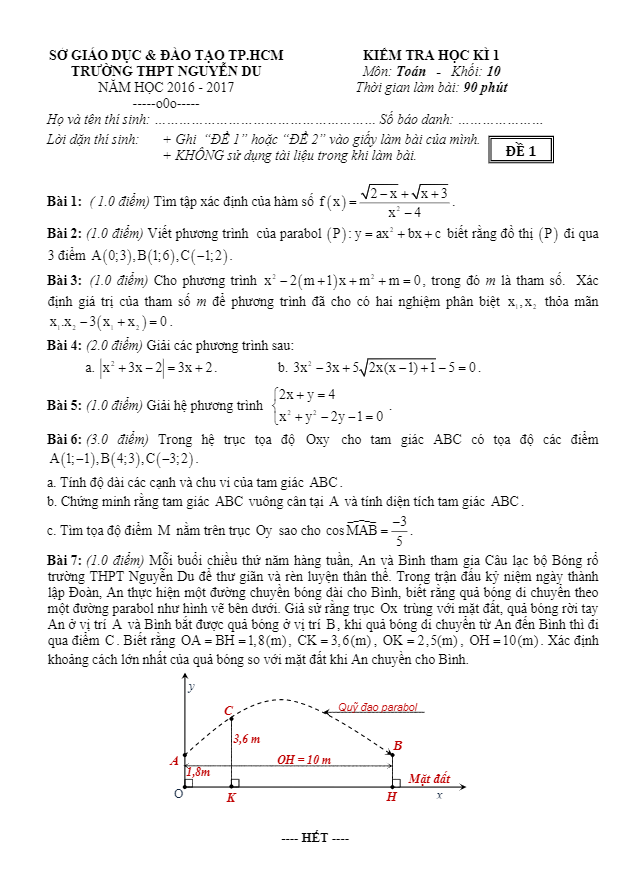 Đề kiểm tra HK1 Toán 10 năm học 2016 – 2017 trường Nguyễn Du – TP.HCM