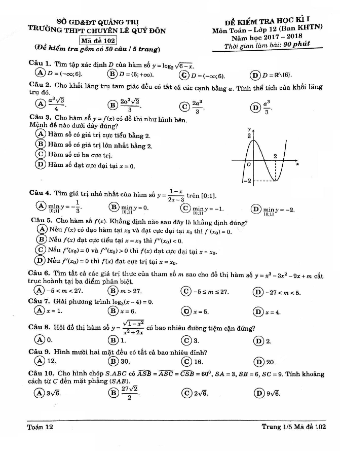 Đề kiểm tra HK1 Toán 12 năm học 2017 – 2018 trường THPT chuyên Lê Quý Đôn – Quảng Trị