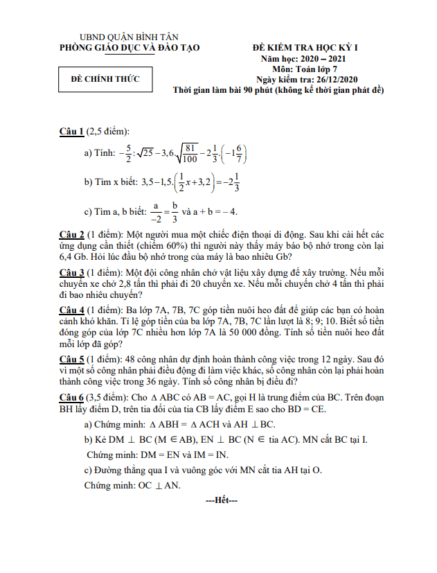Đề kiểm tra HK1 Toán 7 năm 2020 – 2021 phòng GD&ĐT Bình Tân – TP HCM