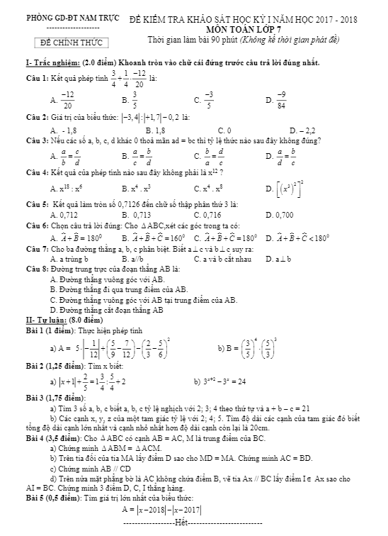 Đề kiểm tra HK1 Toán 7 năm học 2017 – 2018 phòng GD và ĐT Nam Trực – Nam Định