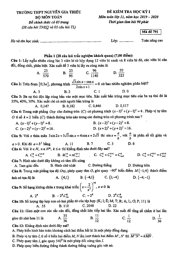 Đề kiểm tra HKI Toán 11 năm 2019 – 2020 trường Nguyễn Gia Thiều – Hà Nội