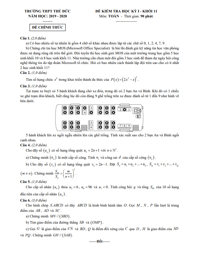 Đề kiểm tra học kì 1 Toán 11 năm 2019 – 2020 trường THPT Thủ Đức – TP HCM