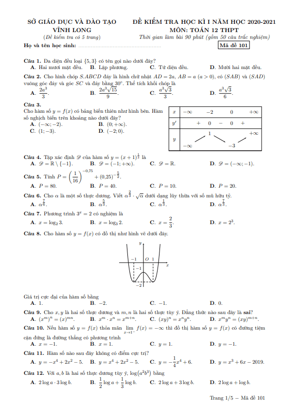 Đề kiểm tra học kì 1 Toán 12 năm học 2020 – 2021 sở GD&ĐT Vĩnh Long
