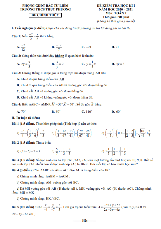Đề kiểm tra học kì 1 Toán 7 năm 2020 – 2021 trường THCS Thụy Phương – Hà Nội