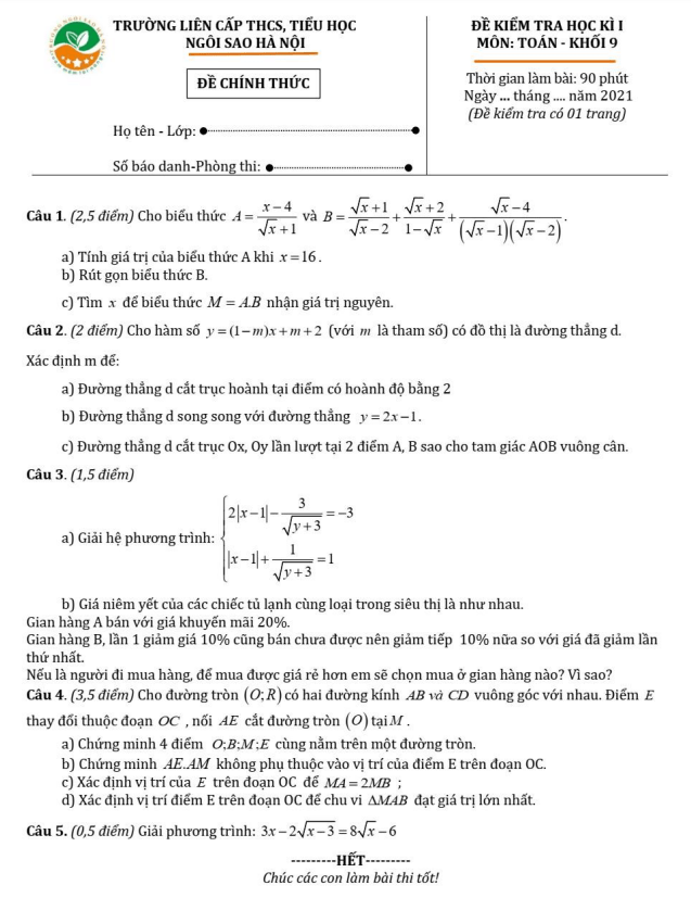 Đề kiểm tra học kì 1 Toán 9 năm 2021 – 2022 trường TH&THCS Ngôi Sao Hà Nội