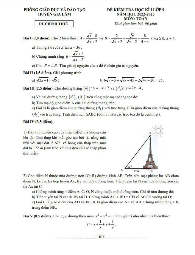 Đề kiểm tra học kì 1 Toán 9 năm 2022 – 2023 phòng GD&ĐT Gia Lâm – Hà Nội