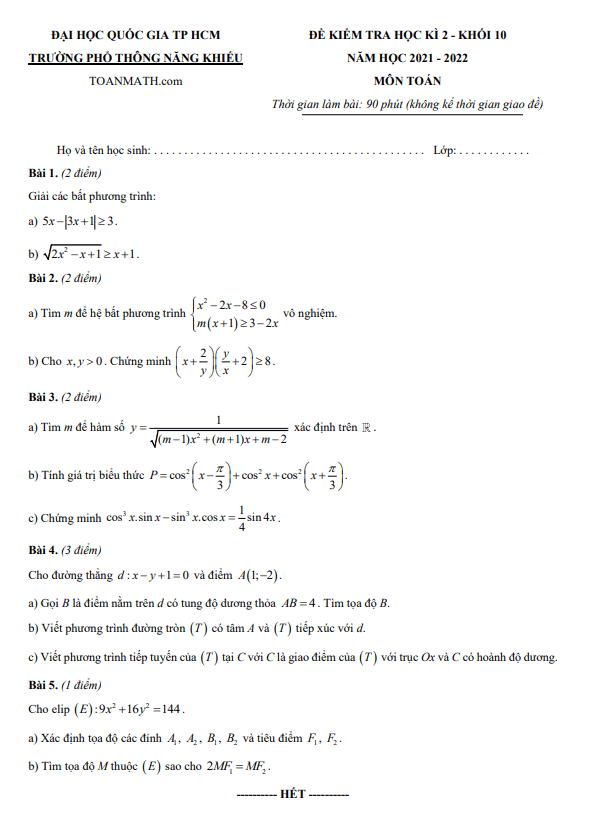 Đề kiểm tra học kì 2 Toán 10 năm 2021 – 2022 trường Phổ thông Năng khiếu – TP HCM