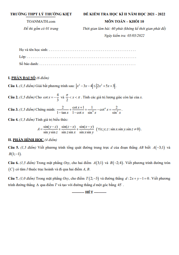Đề kiểm tra học kì 2 Toán 10 năm 2021 – 2022 trường THPT Lý Thường Kiệt – TP HCM