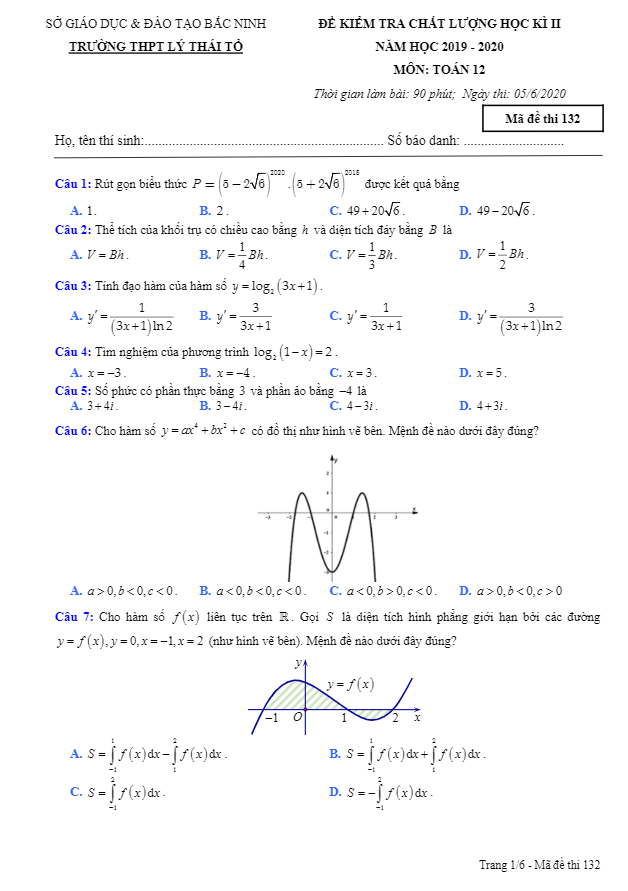 Đề kiểm tra học kì 2 Toán 12 năm 2019 – 2020 trường THPT Lý Thái Tổ – Bắc Ninh