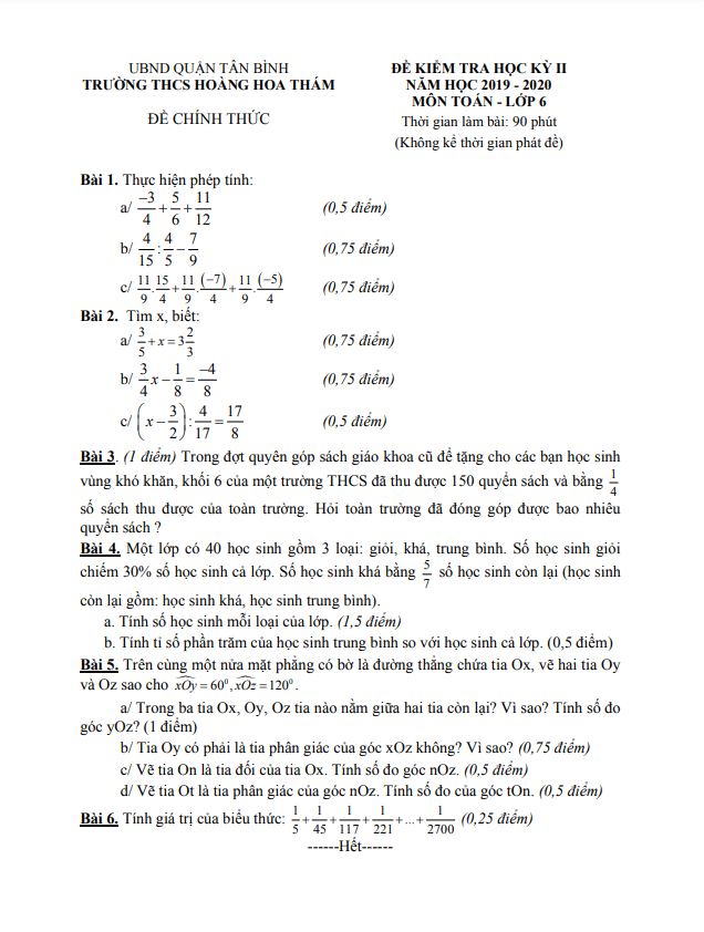 Đề kiểm tra học kì 2 Toán 6 năm 2019 – 2020 trường THCS Hoàng Hoa Thám – TP HCM