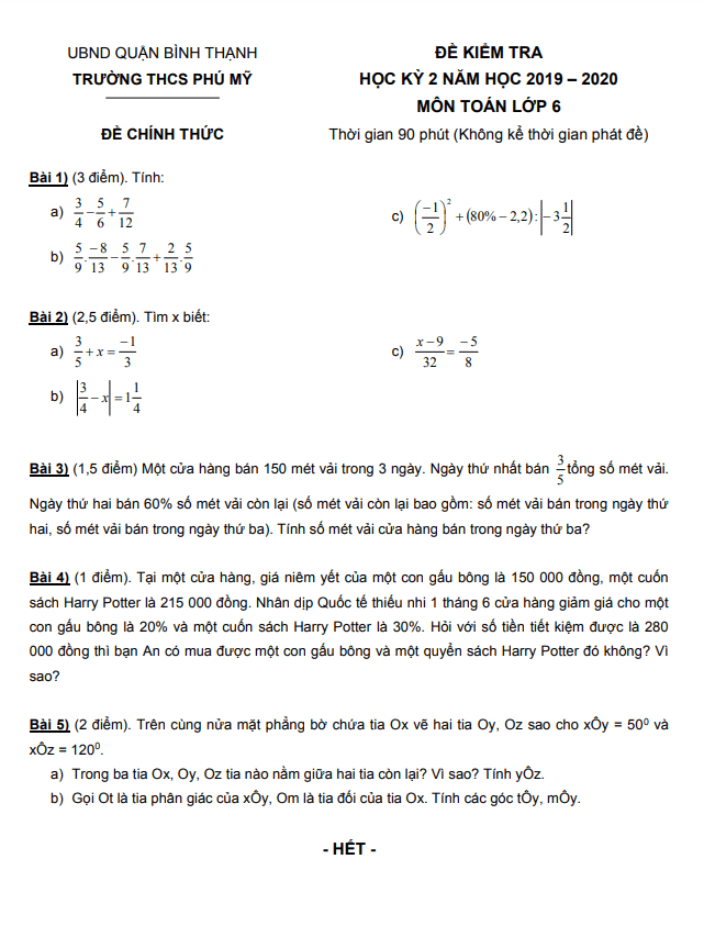 Đề kiểm tra học kì 2 Toán 6 năm 2019 – 2020 trường THCS Phú Mỹ – TP HCM