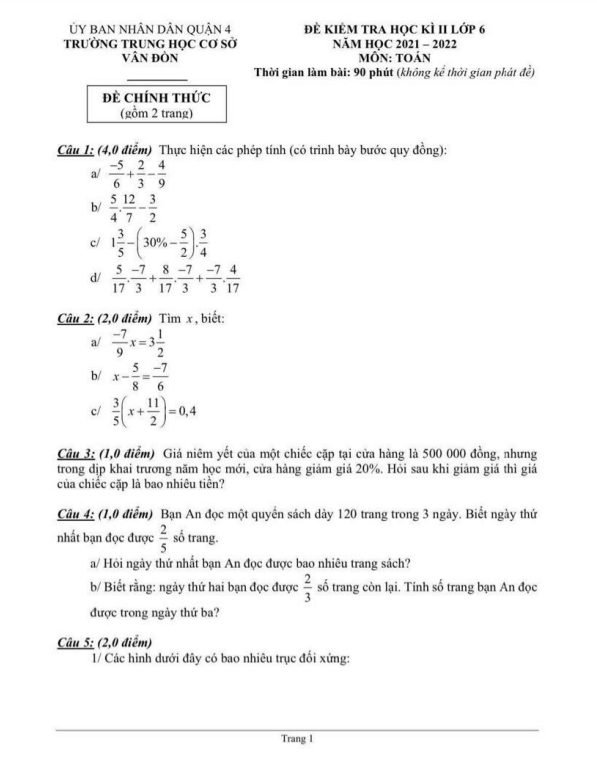 Đề kiểm tra học kì 2 Toán 6 năm 2021 – 2022 trường THCS Vân Đồn – TP HCM