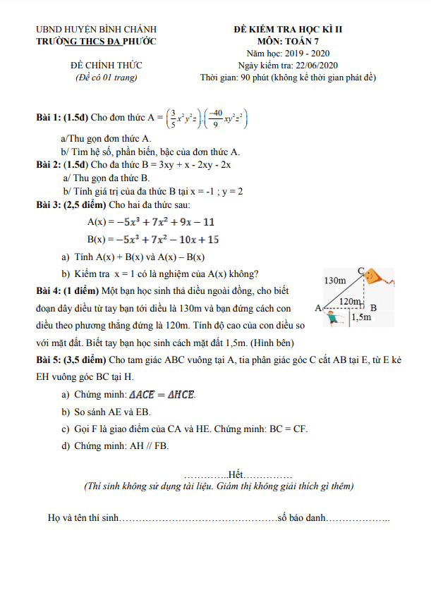 Đề kiểm tra học kì 2 Toán 7 năm 2019 – 2020 trường THCS Đa Phước – TP HCM