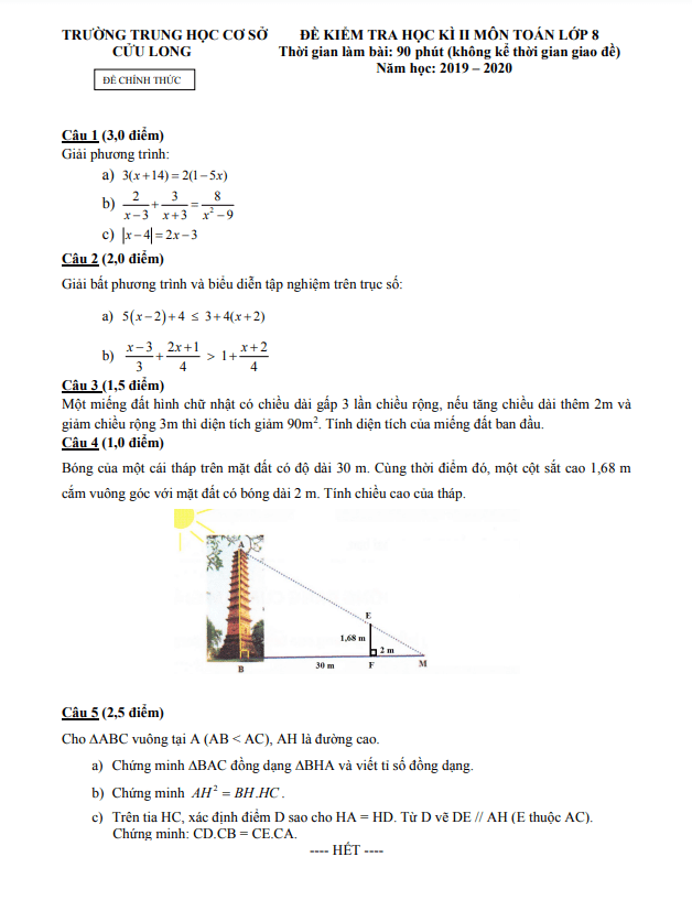 Đề kiểm tra học kì 2 Toán 8 năm 2019 – 2020 trường THCS Cửu Long – TP HCM