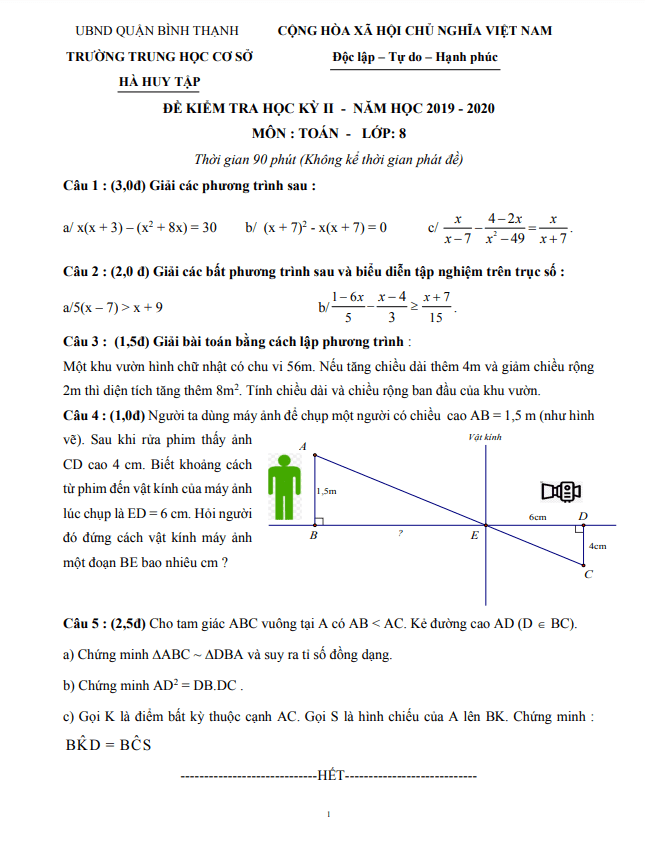 Đề kiểm tra học kì 2 Toán 8 năm 2019 – 2020 trường THCS Hà Huy Tập – TP HCM