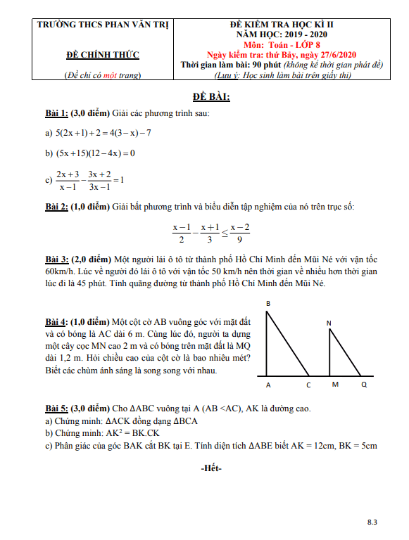 Đề kiểm tra học kì 2 Toán 8 năm 2019 – 2020 trường THCS Phan Văn Trị – TP HCM