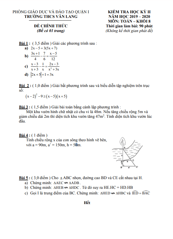 Đề kiểm tra học kì 2 Toán 8 năm 2019 – 2020 trường THCS Văn Lang – TP HCM
