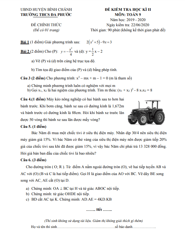 Đề kiểm tra học kì 2 Toán 9 năm 2019 – 2020 trường THCS Đa Phước – TP HCM