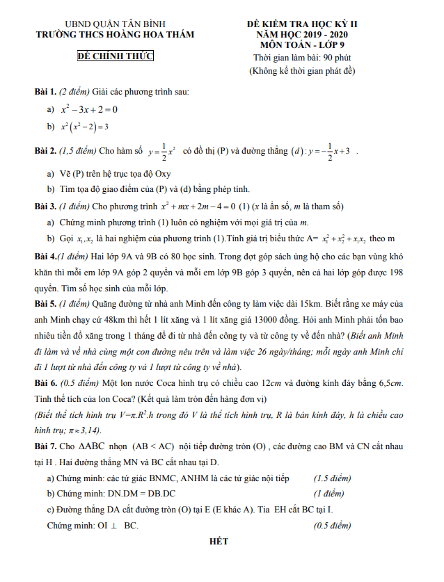 Đề kiểm tra học kì 2 Toán 9 năm 2019 – 2020 trường THCS Hoàng Hoa Thám – TP HCM