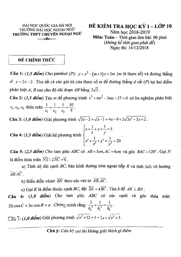Đề kiểm tra học kỳ 1 Toán 10 năm 2018 – 2019 trường chuyên Ngoại Ngữ – Hà Nội