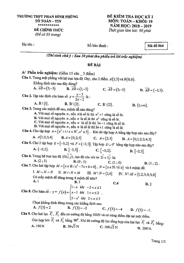 Đề kiểm tra học kỳ 1 Toán 10 năm 2018 – 2019 trường THPT Phan Đình Phùng – Hà Nội