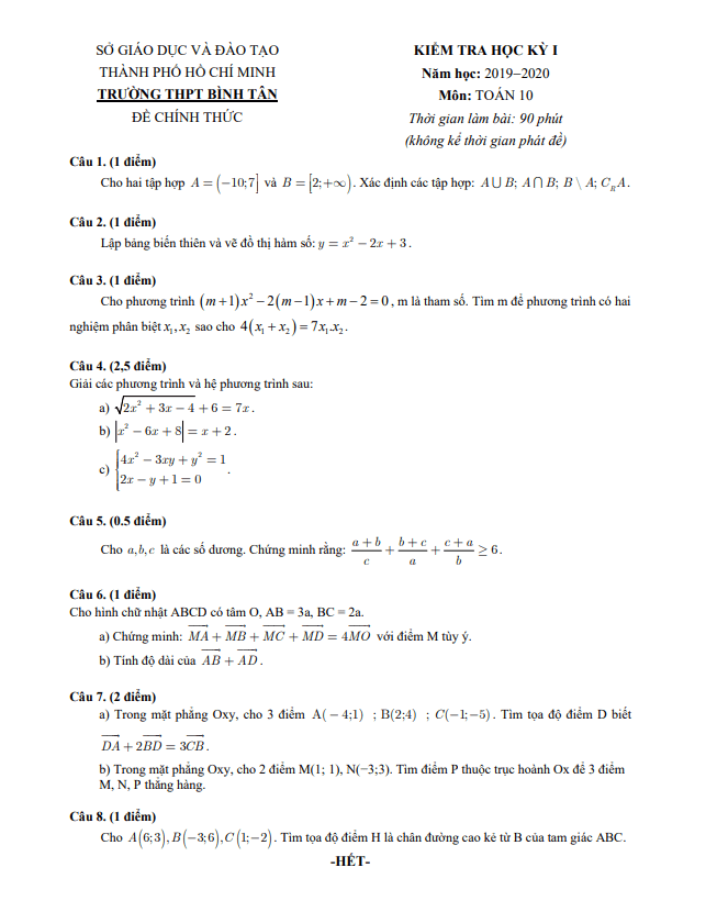 Đề kiểm tra học kỳ 1 Toán 10 năm 2019 – 2020 trường THPT Bình Tân – TP HCM