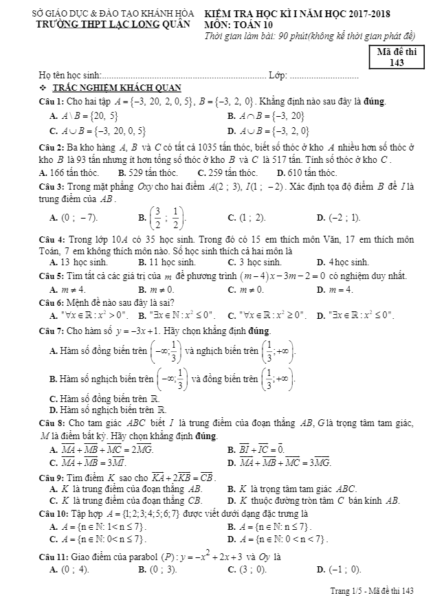 Đề kiểm tra học kỳ 1 Toán 10 năm học 2017 – 2018 trường THPT Lạc Long Quân – Khánh Hòa